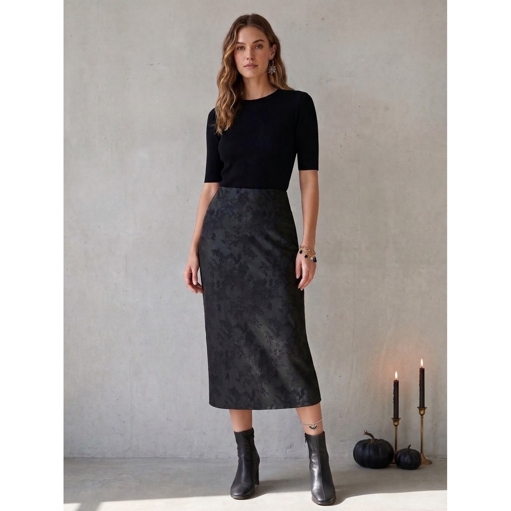 Silky Midi Skirt M Jacquard Floral Vamp Goth Whimsigoth Elegant Dark Romance